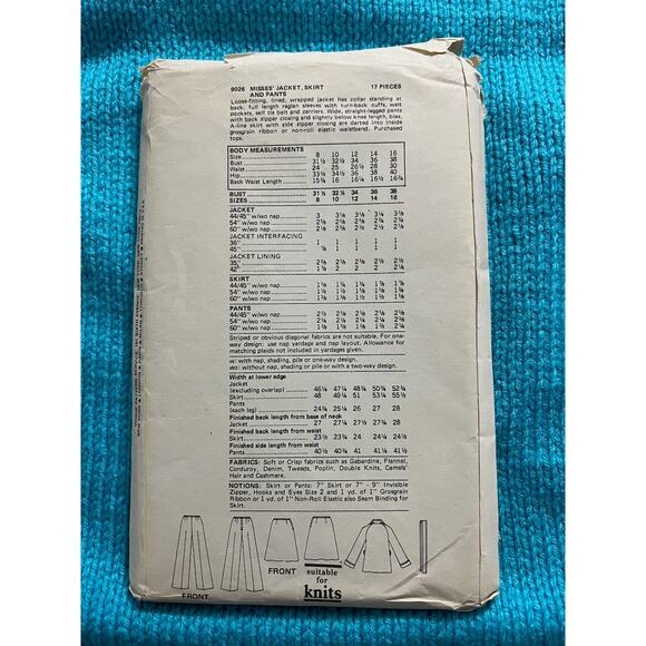Vogue sewing pattern 9026 suit jacket skirt pants - Picture 3 of 6
